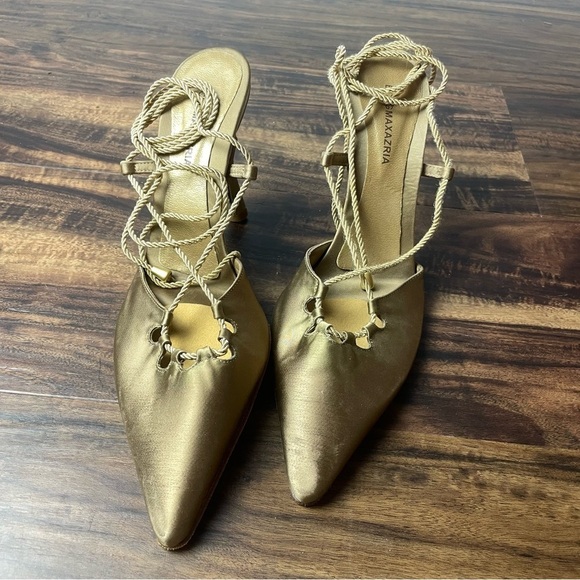 BCBGMaxAzria Gold Textile and Leather Lace Up Foot to Ankle Size 7.5 B - Picture 5 of 16